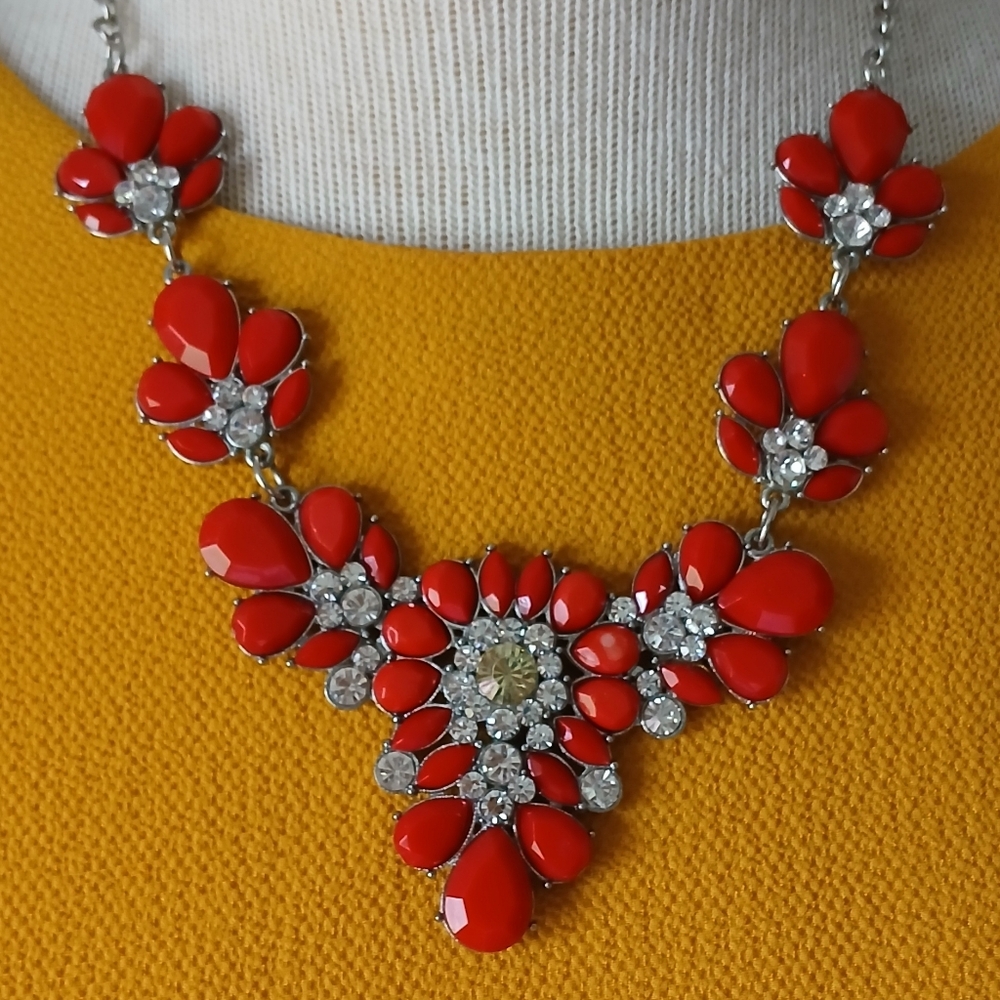 Red Floral Statement Necklace. Clear/ Yellow Crystal. Adjustable.